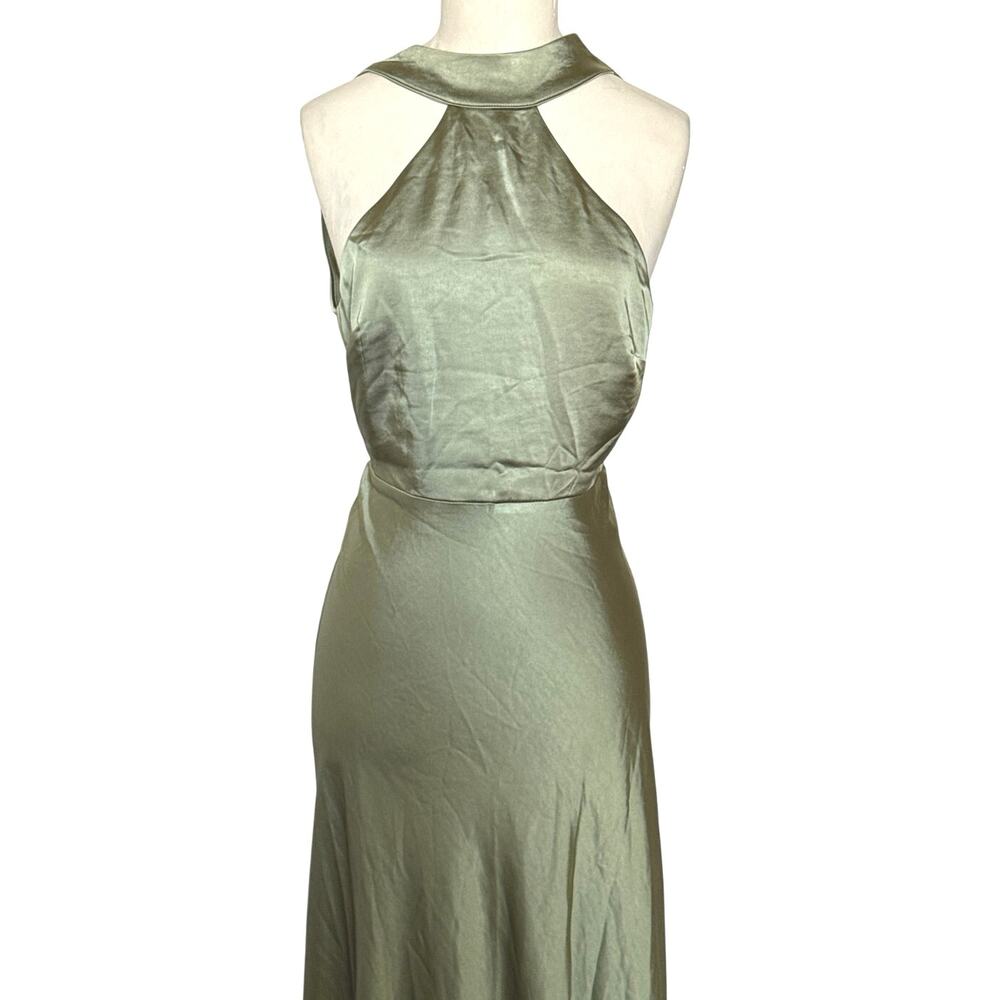 Six Stories Nwt Metallic Halter Neck Satin Bridesmaid Dress Moss Green Size 2 — image 6 of 8